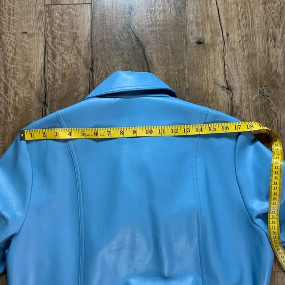 Vintage 60s 70s Faux Leather Trench Coat Belted Light Blue Overcoat - Picture 13 of 14